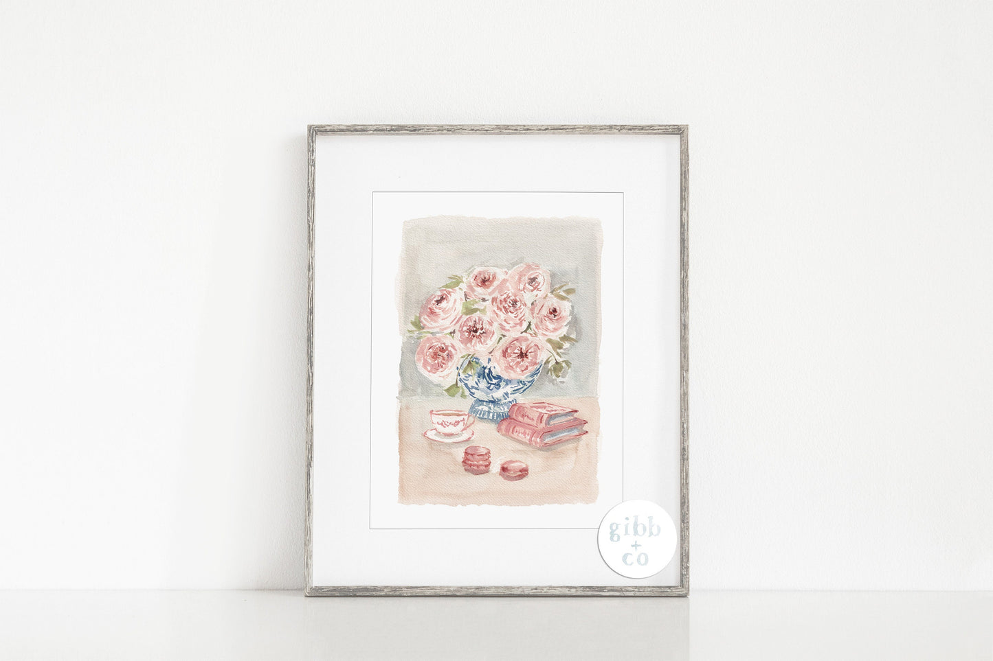 Muted Pink Florals with Blue Chinoiserie vase series, stacked books, tea, floral art print, chinoiserie art print, book art print