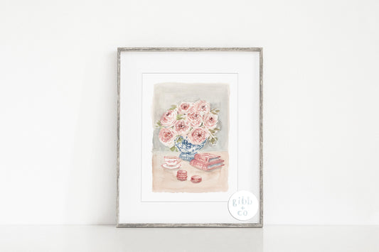 Pink Florals, Blue vase, art print, stacked books, book art print, floral art print