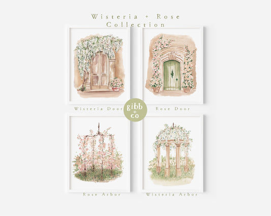 Rose arbor, Wisteria door, Wisteria door, Rose door, neutral colored art, floral art print, garden art print
