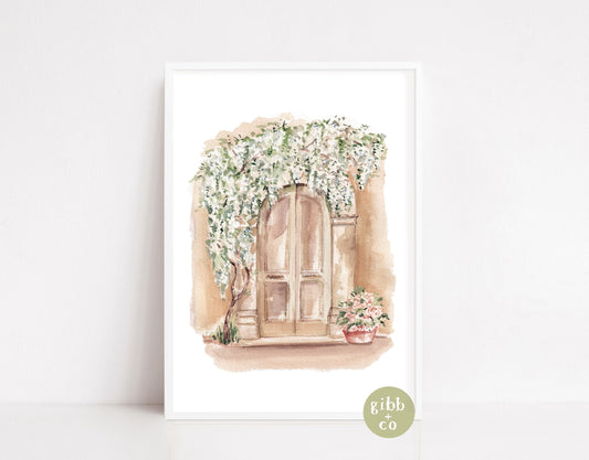 Rose arbor, Wisteria door, Wisteria door, Rose door, neutral colored art, floral art print, garden art print, architecture art print