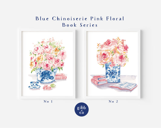 Pink Floral Chinoiserie art print series, Pink Florals, Blue vase, stacked books, floral art print, book art print