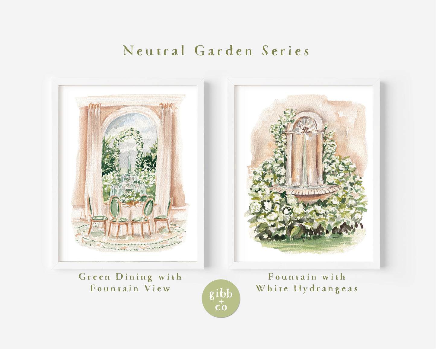 Garden water fountain Floral art, neutral color art print, floral art print