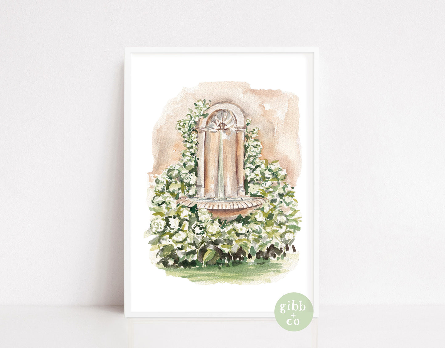 Garden water fountain Floral art, neutral color art print, floral art print