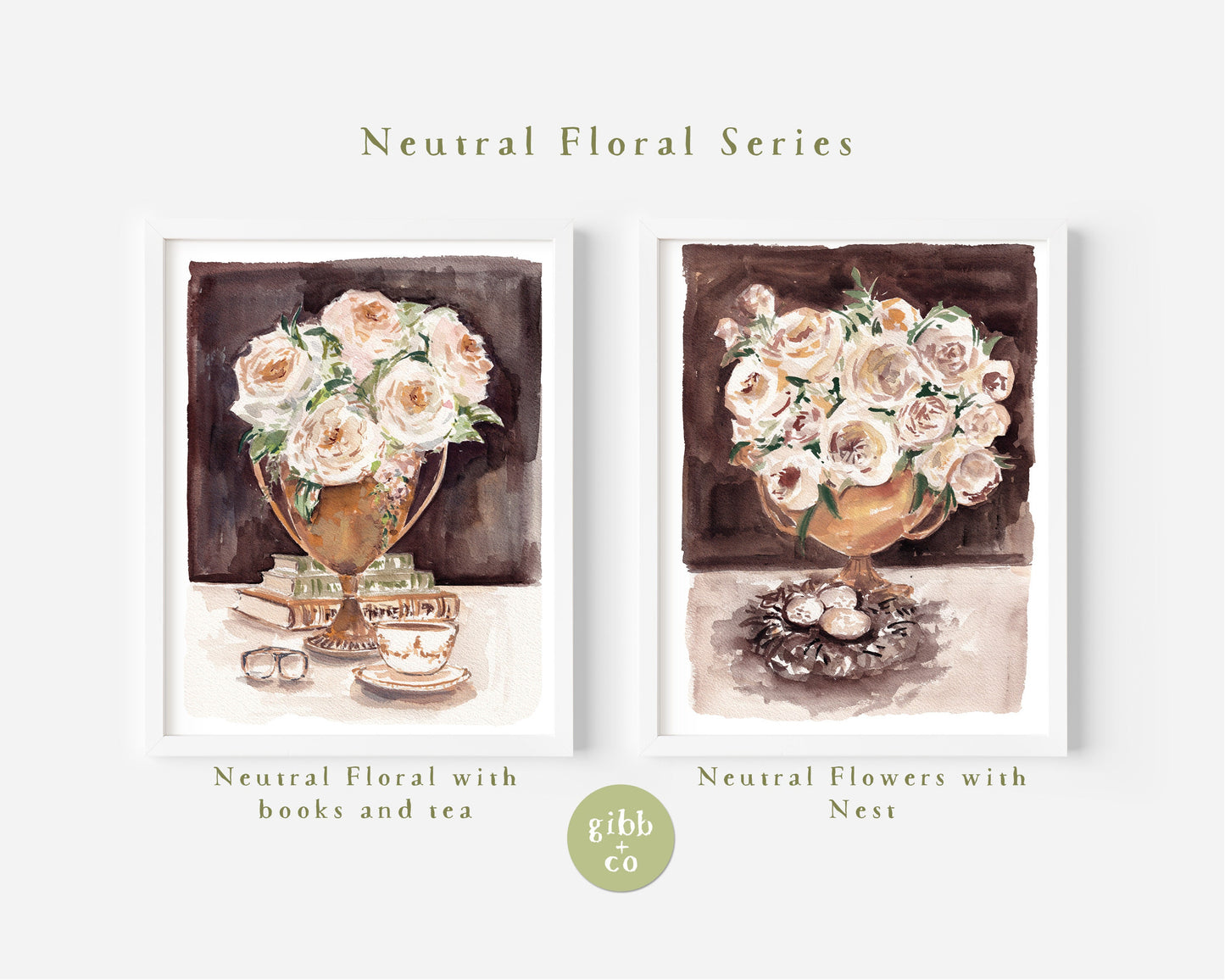 Neutral Florals, gold trophy vase, floral art print