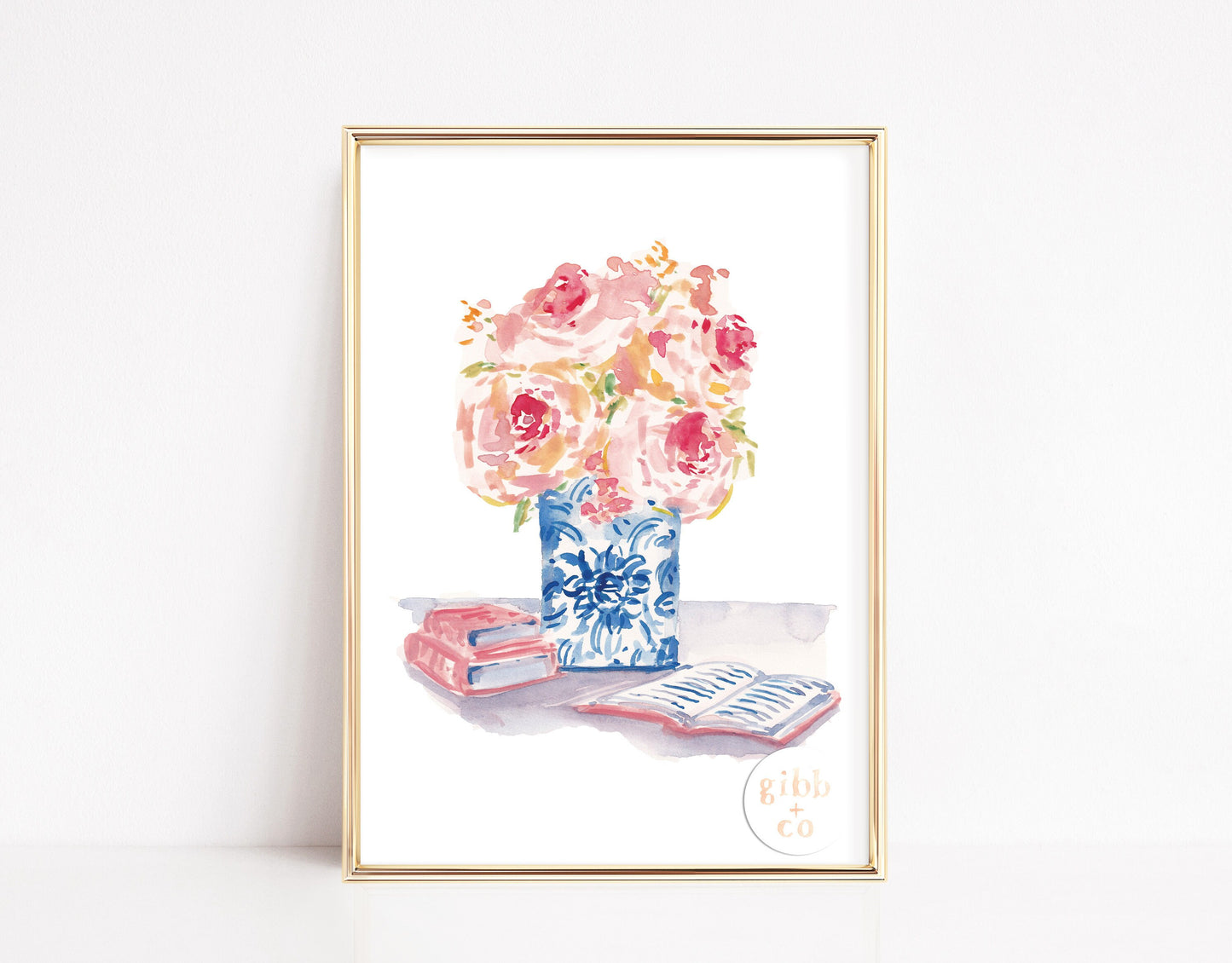 Pink Floral Chinoiserie art print series, Pink Florals, Blue vase, stacked books, floral art print, book art print