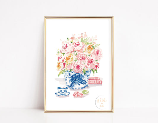 Chinoiserie art, Pink Florals, Blue vase, stacked books, tea, floral art print, chinoiserie art print, book art print