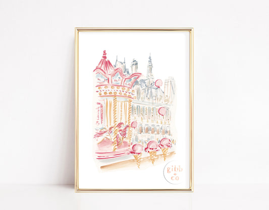 Paris Carousel travel art print, Cafe, Garden Luxembourg, pink art print, French travel art, travel art print