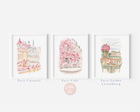 Paris travel art print series, Carousel, Cafe, Garden Luxembourg, pink art print, French travel art