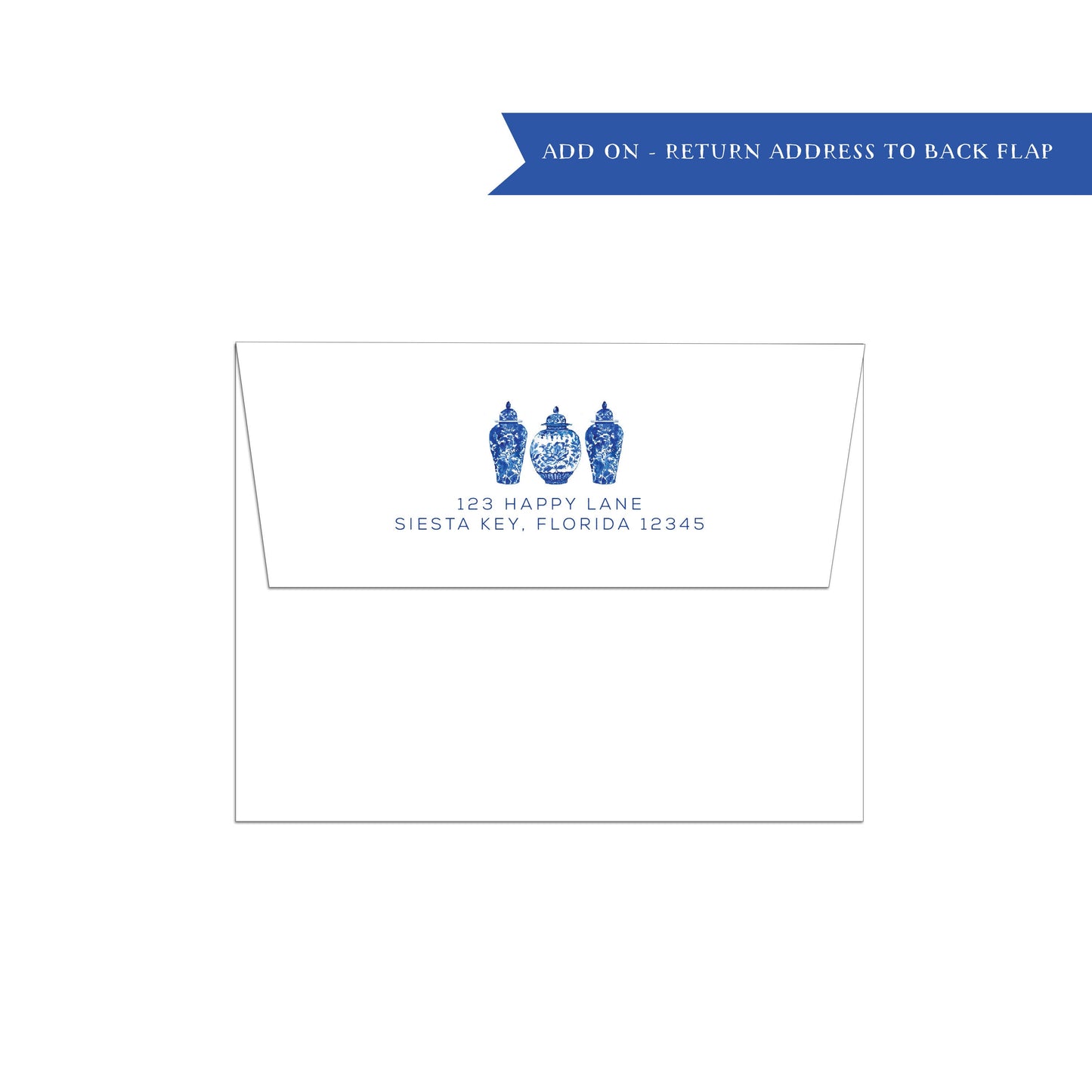 Add on | printed envelope | flap | return address | personalized stationery, trio chinoiserie ginger jars