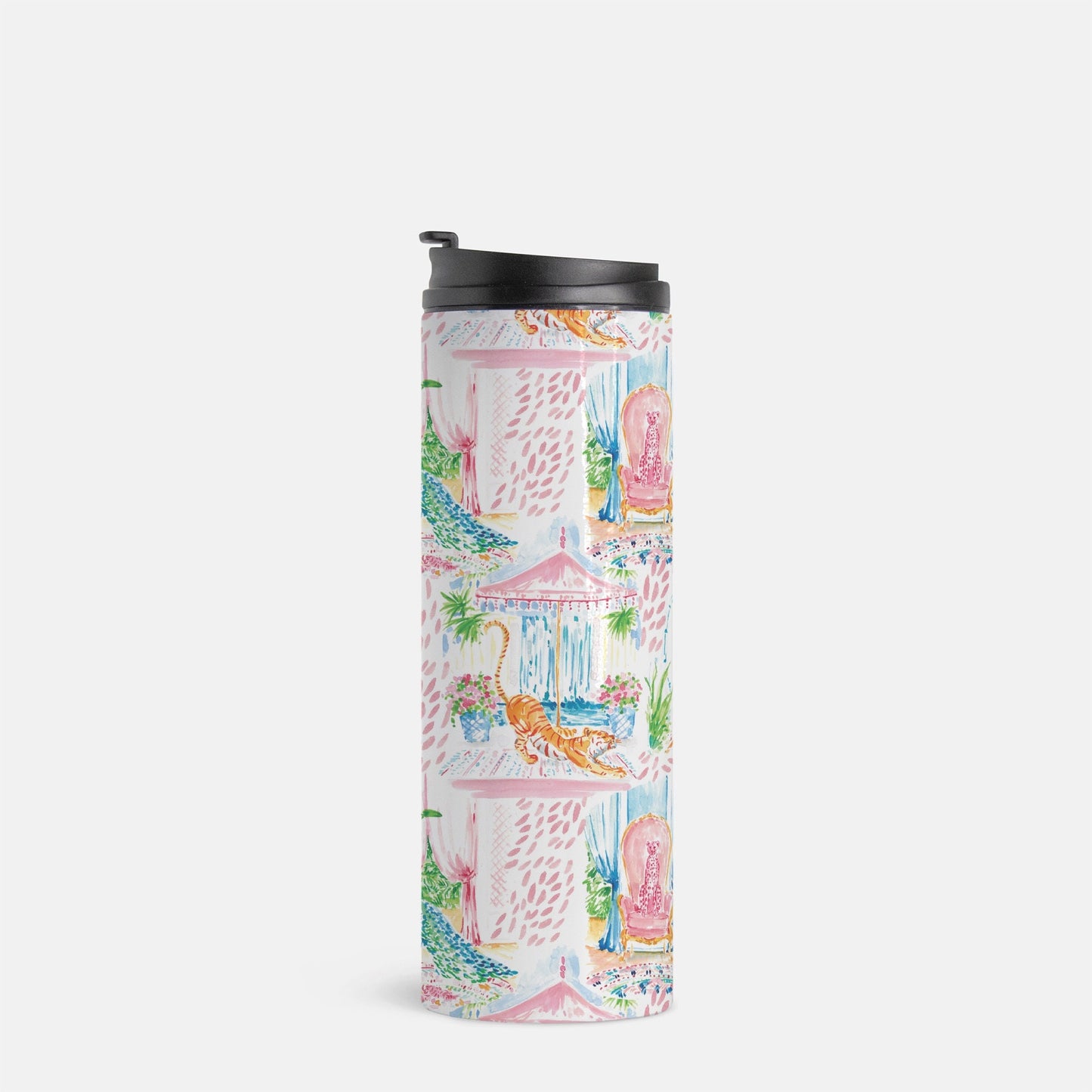 Chinoiserie Thermal Tumbler, 16 oz. gift for mom, tiger, cheetah, peacock, for teacher, drink tumbler, pink, cold beverage, hot beverage
