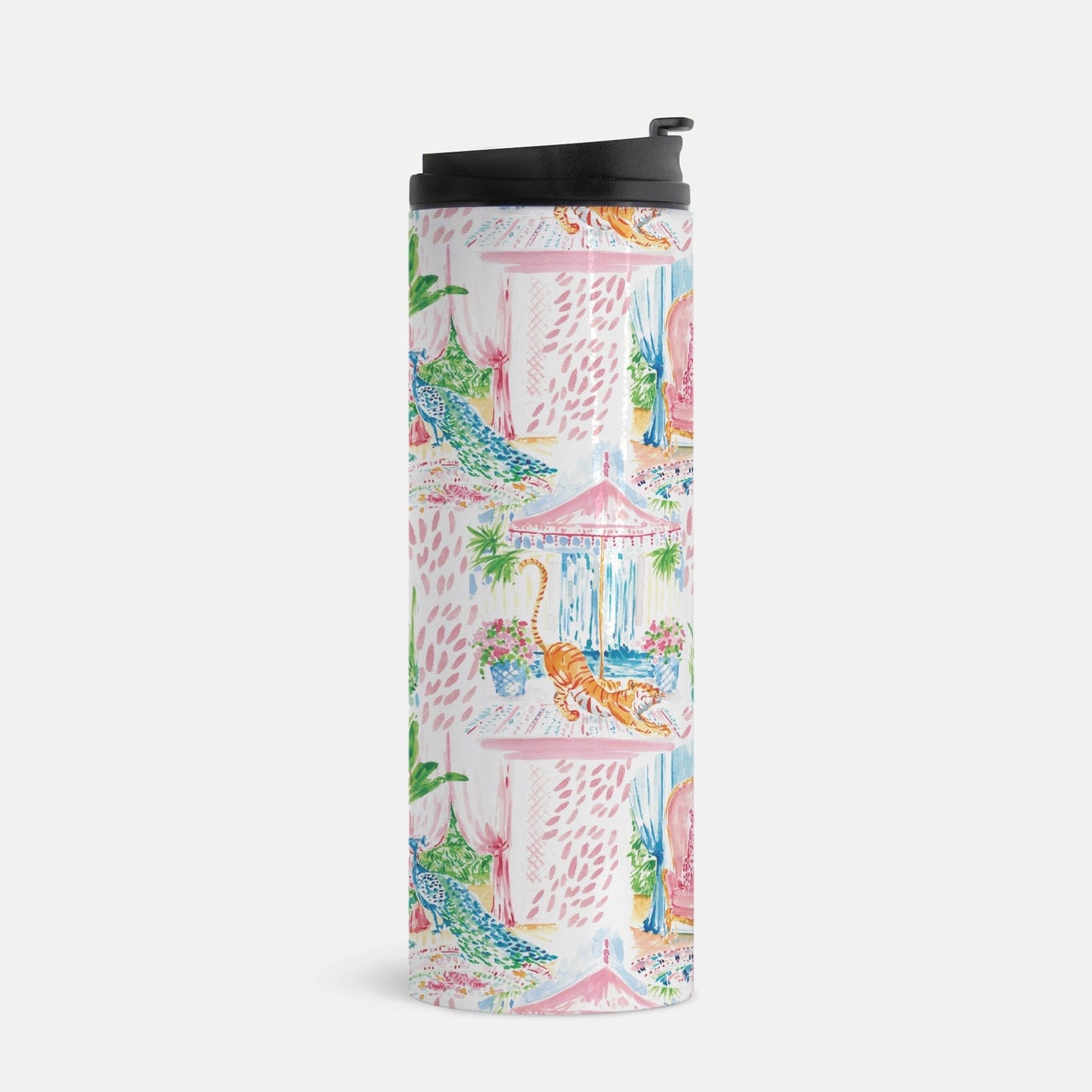 Chinoiserie Thermal Tumbler, 16 oz. gift for mom, tiger, cheetah, peacock, for teacher, drink tumbler, pink, cold beverage, hot beverage