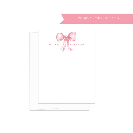 Pink bow notecards, kids notecard, stationery set for kids, baby shower notecard, personalized stationery, personalized notecards, feminine