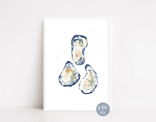 Three Blue Oysters art print, Coastal art print, beach art print