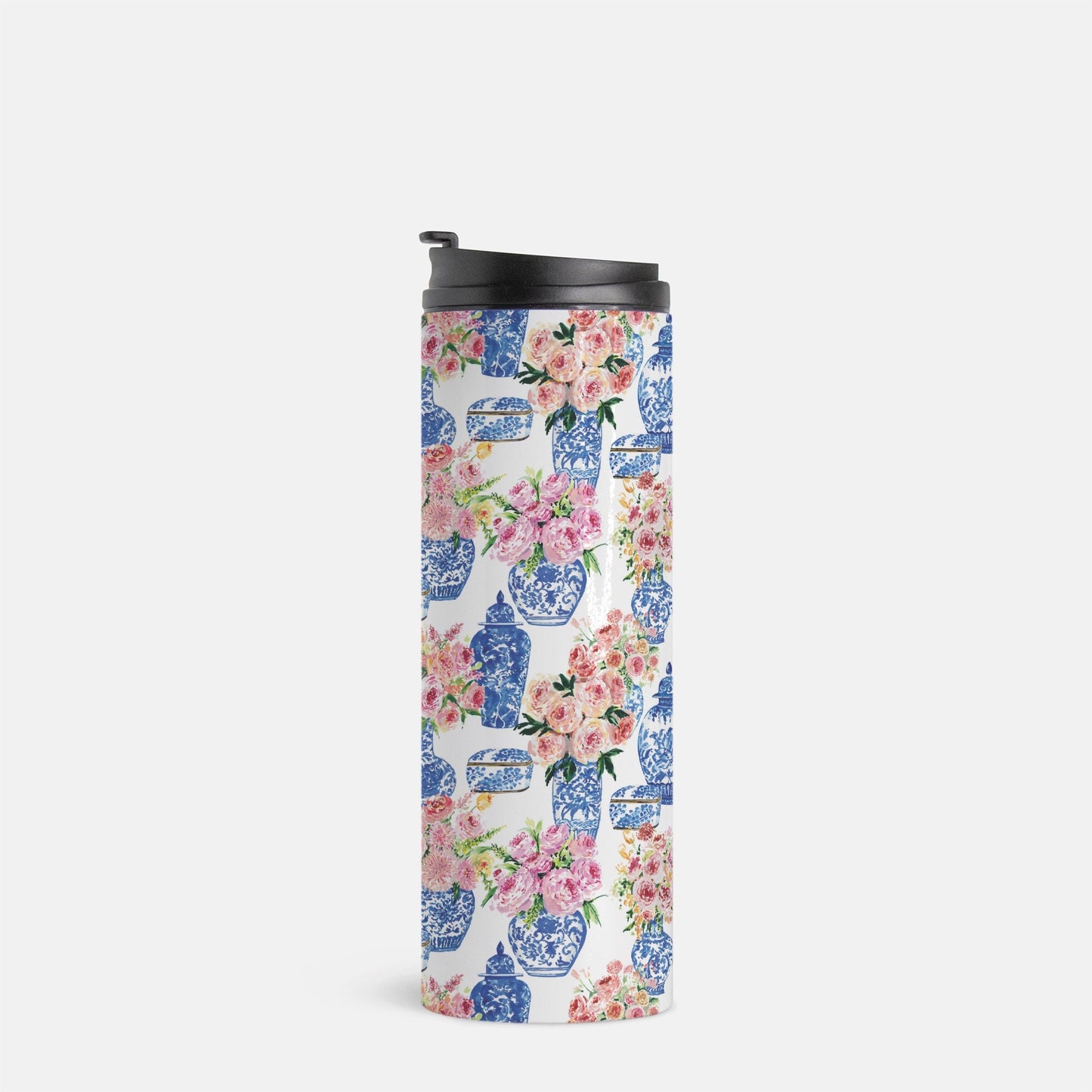 Chinoiserie Floral Vase Thermal Tumbler, gift for mom, for teacher, drink tumbler, pink, cold and hot beverage