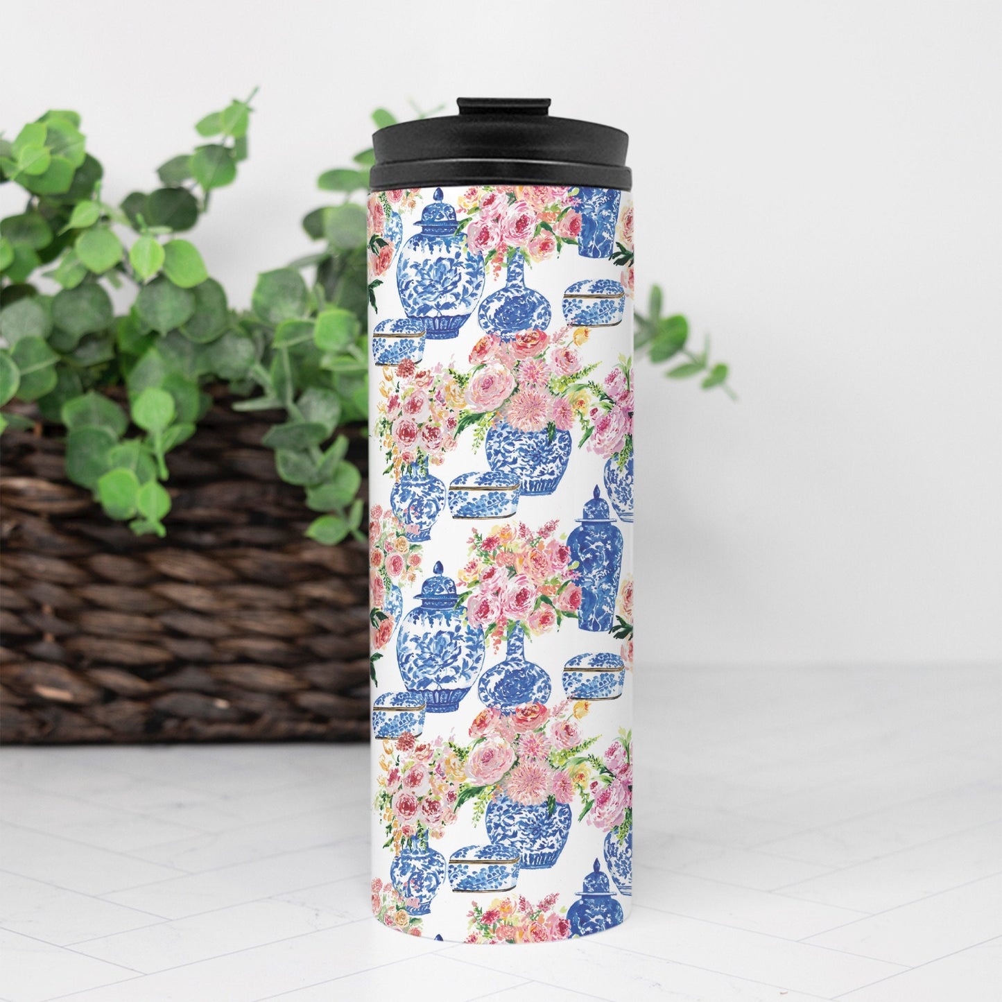 Chinoiserie Floral Vase Thermal Tumbler, gift for mom, for teacher, drink tumbler, pink, cold and hot beverage