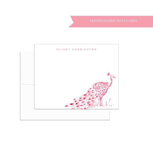 Pink notecards, peacock, personalized stationery, personalized notecards, stationery, watercolor stationery set, gift for, illustration