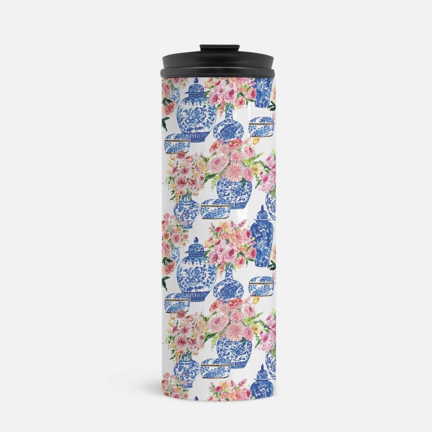 Chinoiserie Floral Vase Thermal Tumbler, gift for mom, for teacher, drink tumbler, pink, cold and hot beverage