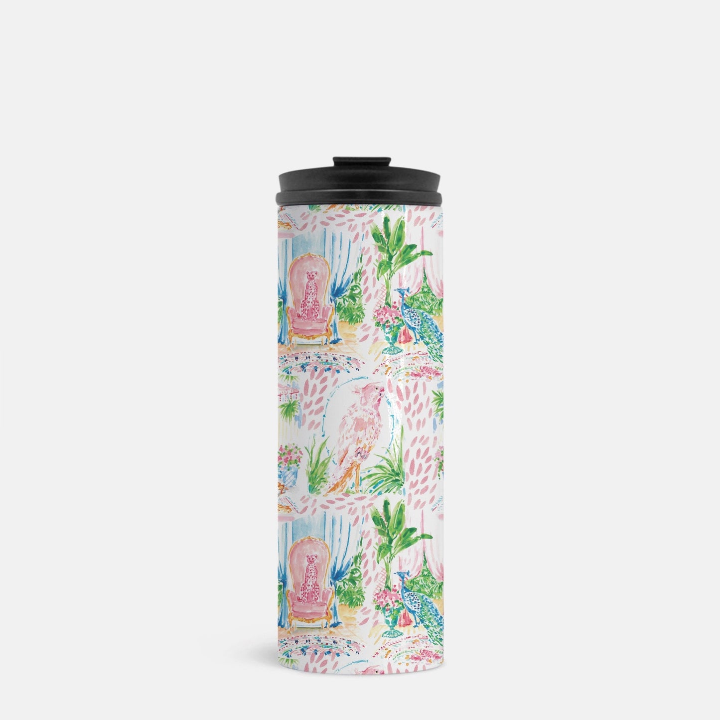 Chinoiserie Thermal Tumbler, 16 oz. gift for mom, tiger, cheetah, peacock, for teacher, drink tumbler, pink, cold beverage, hot beverage