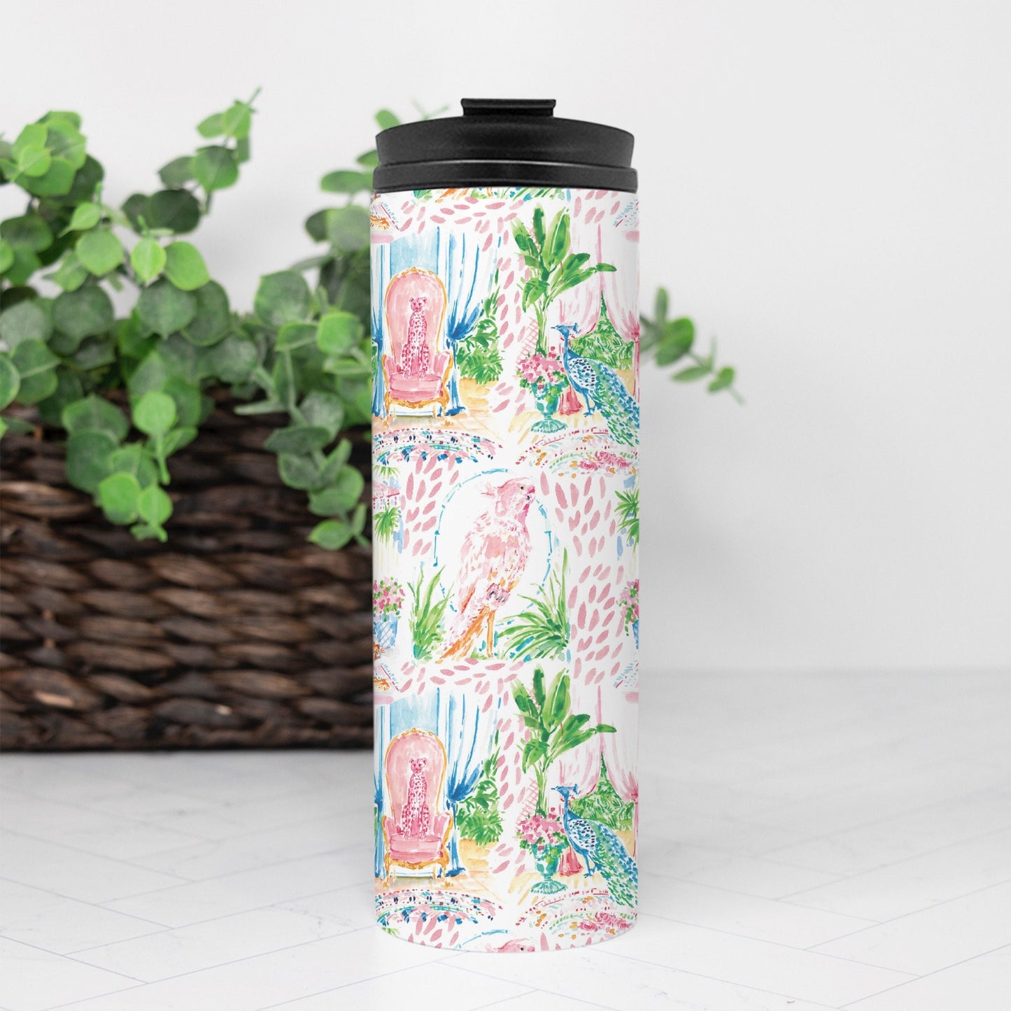 Chinoiserie Thermal Tumbler, 16 oz. gift for mom, tiger, cheetah, peacock, for teacher, drink tumbler, pink, cold beverage, hot beverage