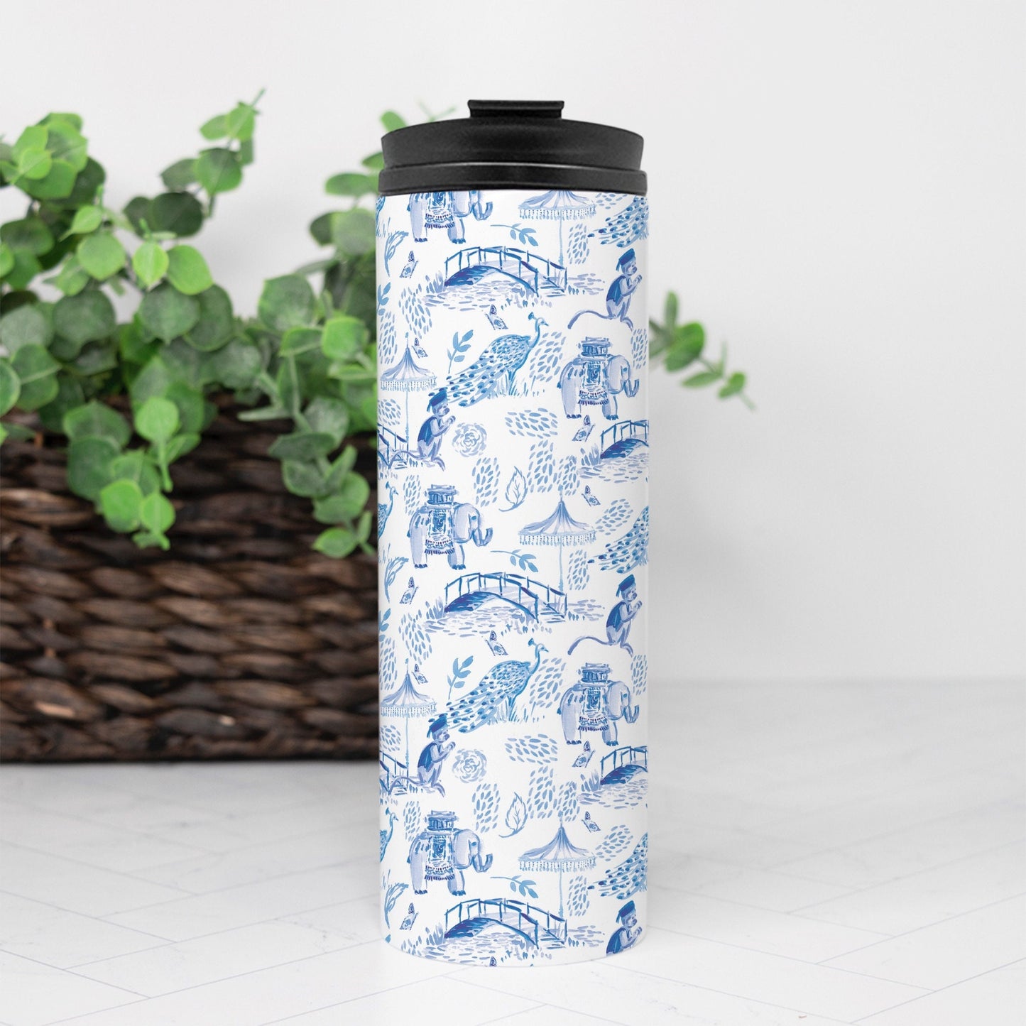 Blue Chinoiserie Thermal Tumbler, elephant, 16 oz., gift for mom, for teacher, drink tumbler, pink, cold beverage, hot beverage
