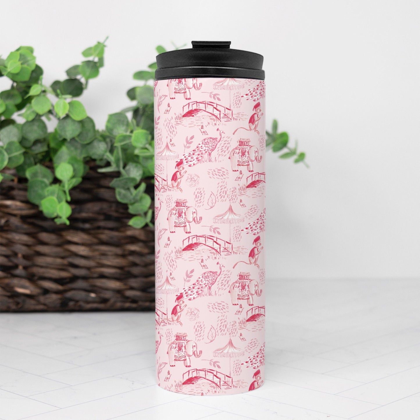 Pink Chinoiserie Thermal Tumbler, elephant, 16 oz. gift for mom, for teacher, drink tumbler, pink, cold beverage, hot beverage