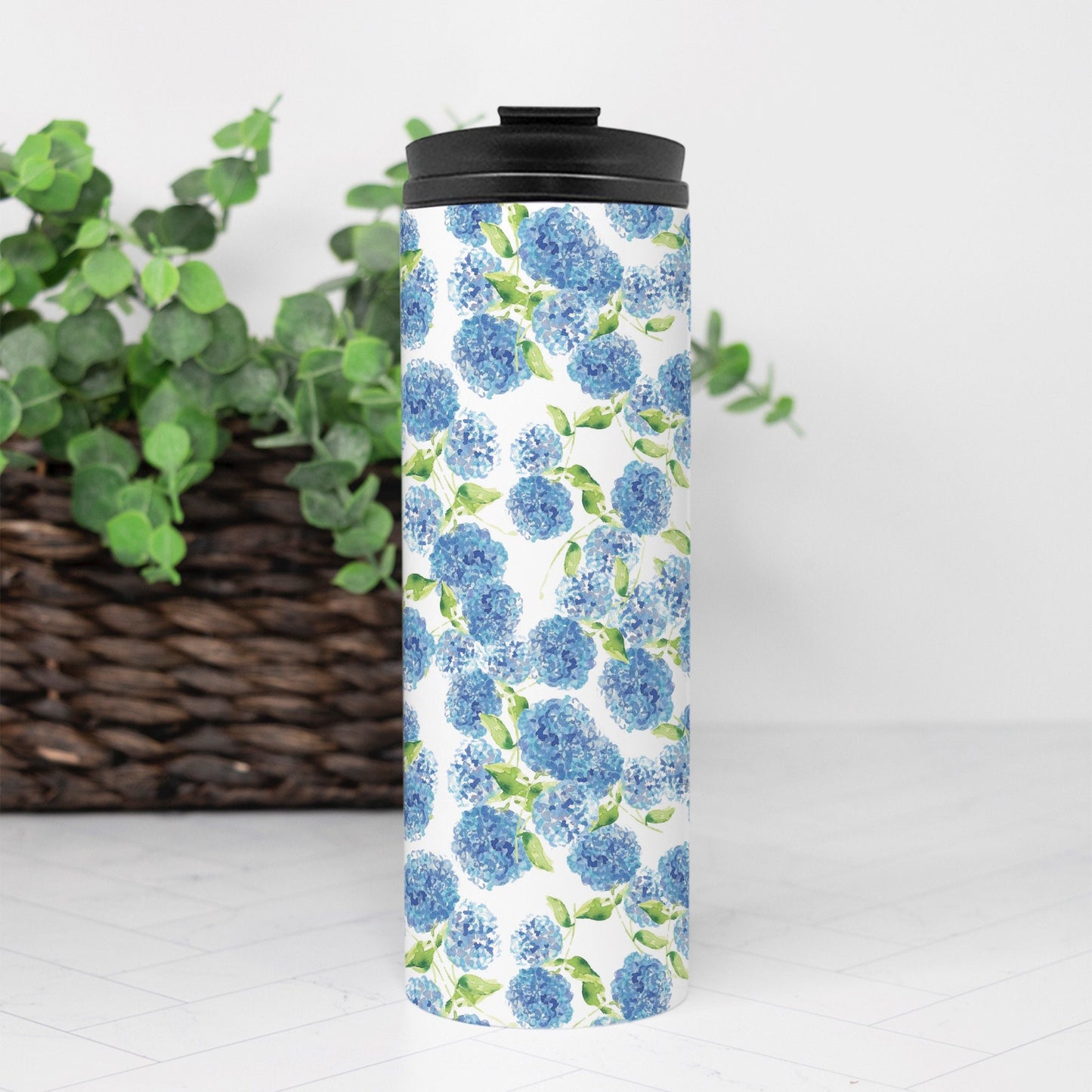 Blue Hydrangeas Thermal Tumbler, 16 oz. gift for mom, tiger, cheetah, peacock, for teacher, drink tumbler, pink, cold beverage, hot beverage