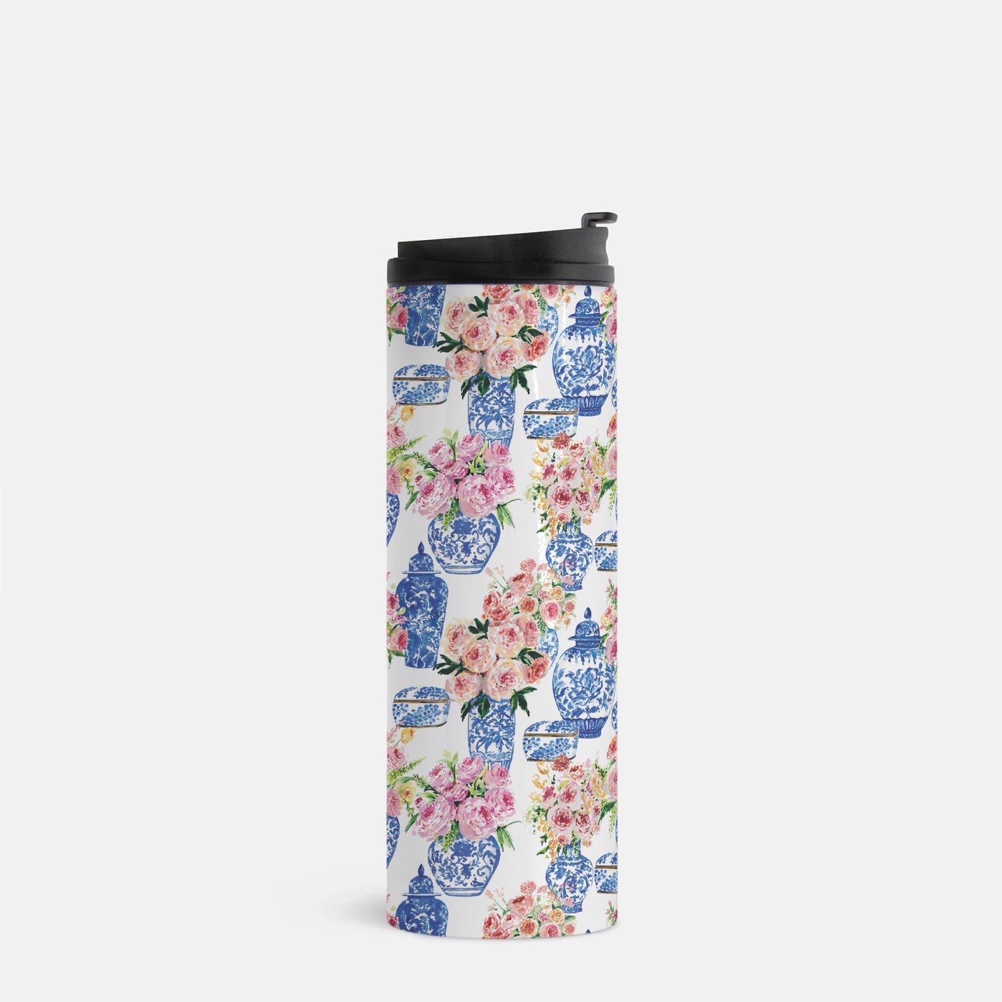 Chinoiserie Floral Vase Thermal Tumbler, gift for mom, for teacher, drink tumbler, pink, cold and hot beverage