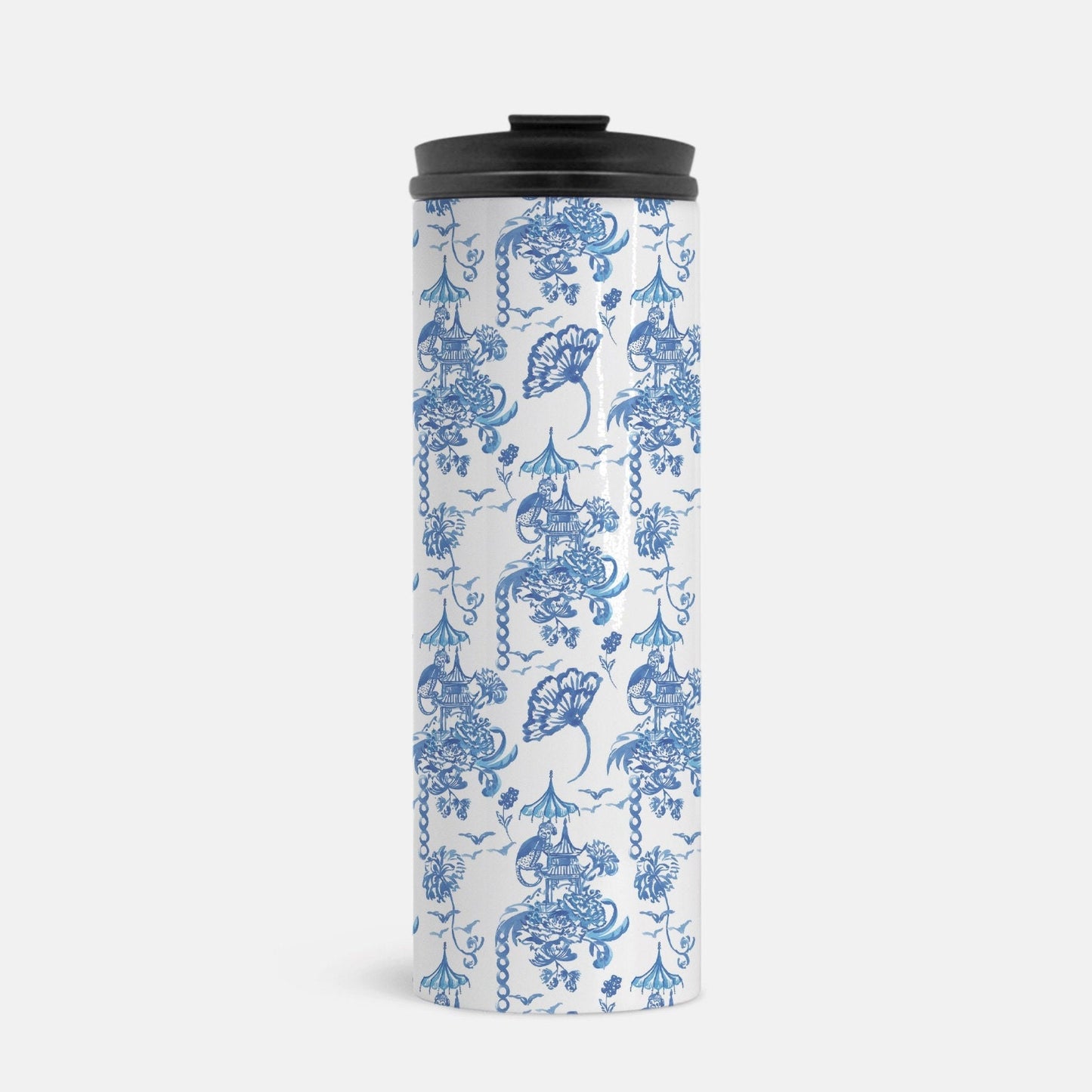 Chinoiserie Thermal Tumbler 16 oz., Blue Monkey, elephant, 16 oz., gift for mom, for teacher, drink tumbler, pink, cold and hot beverage