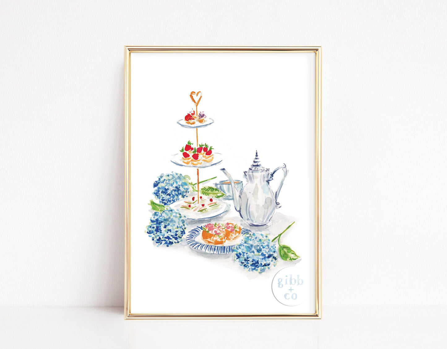 Blue Hydrangeas tea art print, afternoon tea, Hydrangea lover art print, floral art print, garden art print