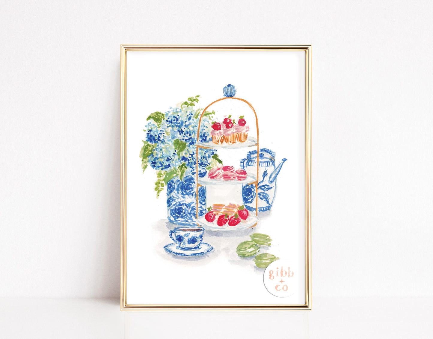 Blue Hydrangeas tea art print, afternoon tea, Hydrangea lover art print, floral art print, garden art print