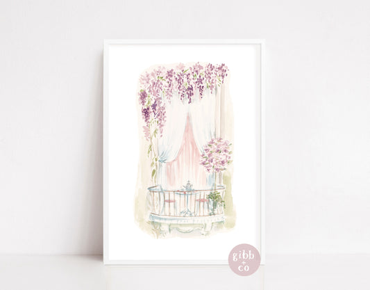 Wisteria art, Rose Spring Balcony art print, architecture lover, romantic art, floral art print, garden art print