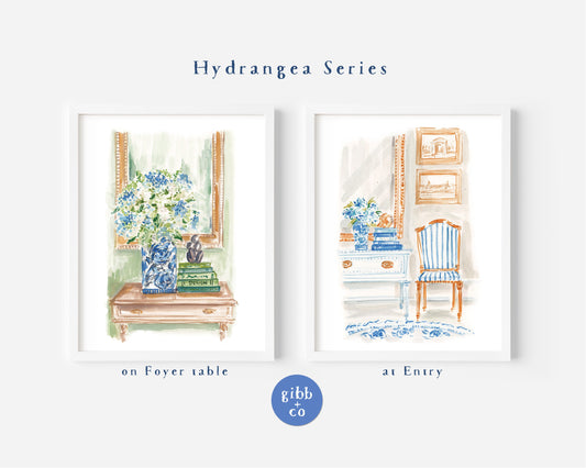 Blue Hydrangeas Entry art print, stacked books, interior art, book lover, floral art print, garden art print, book art print