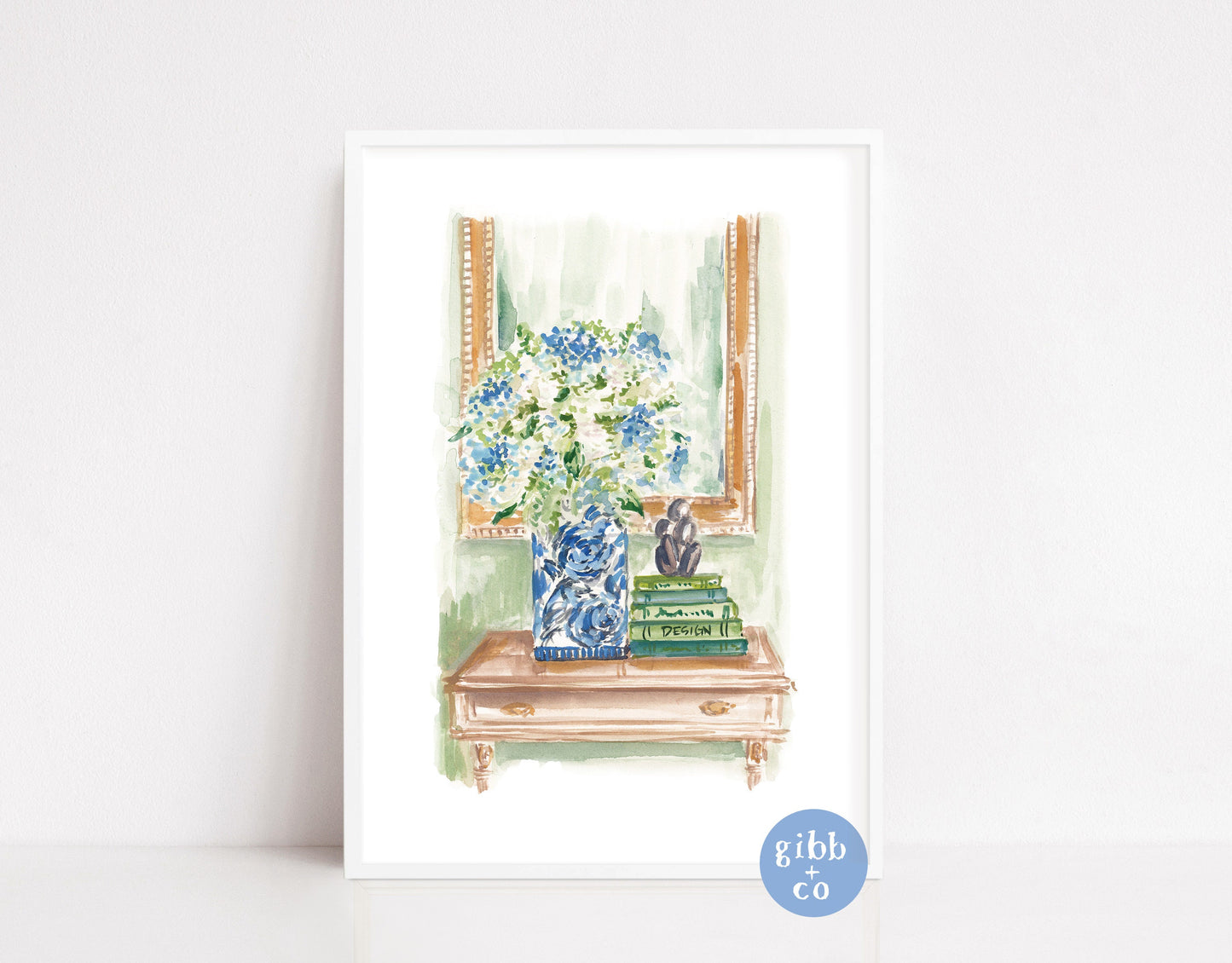 Blue Hydrangeas at Entry art print, stacked books, interior art,  book lover, floral art print, garden art print, interior design art print, book art print