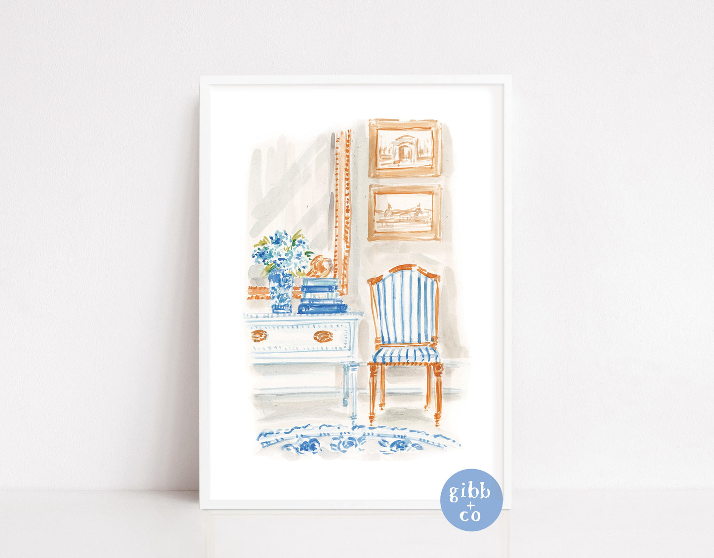 Blue Hydrangeas at Entry art print, stacked books, interior art,  book lover, floral art print, garden art print, interior design art print, book art print