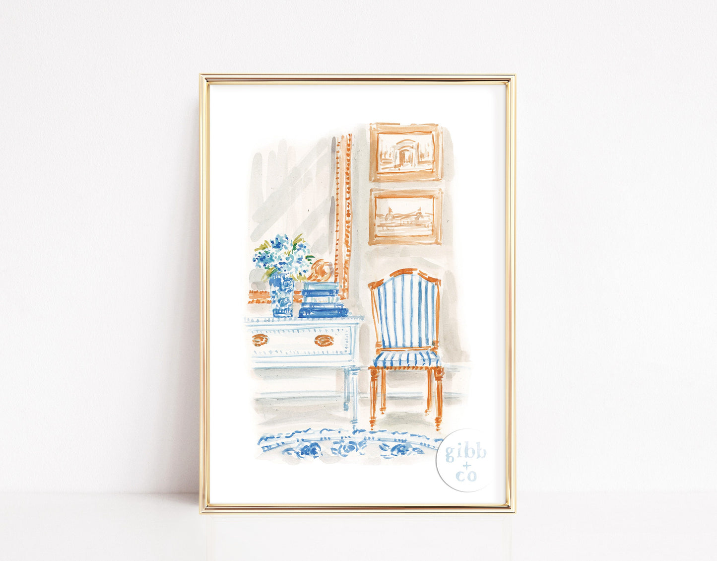 Blue Hydrangeas at Entry art print, stacked books, interior art,  book lover, floral art print, garden art print, interior design art print, book art print