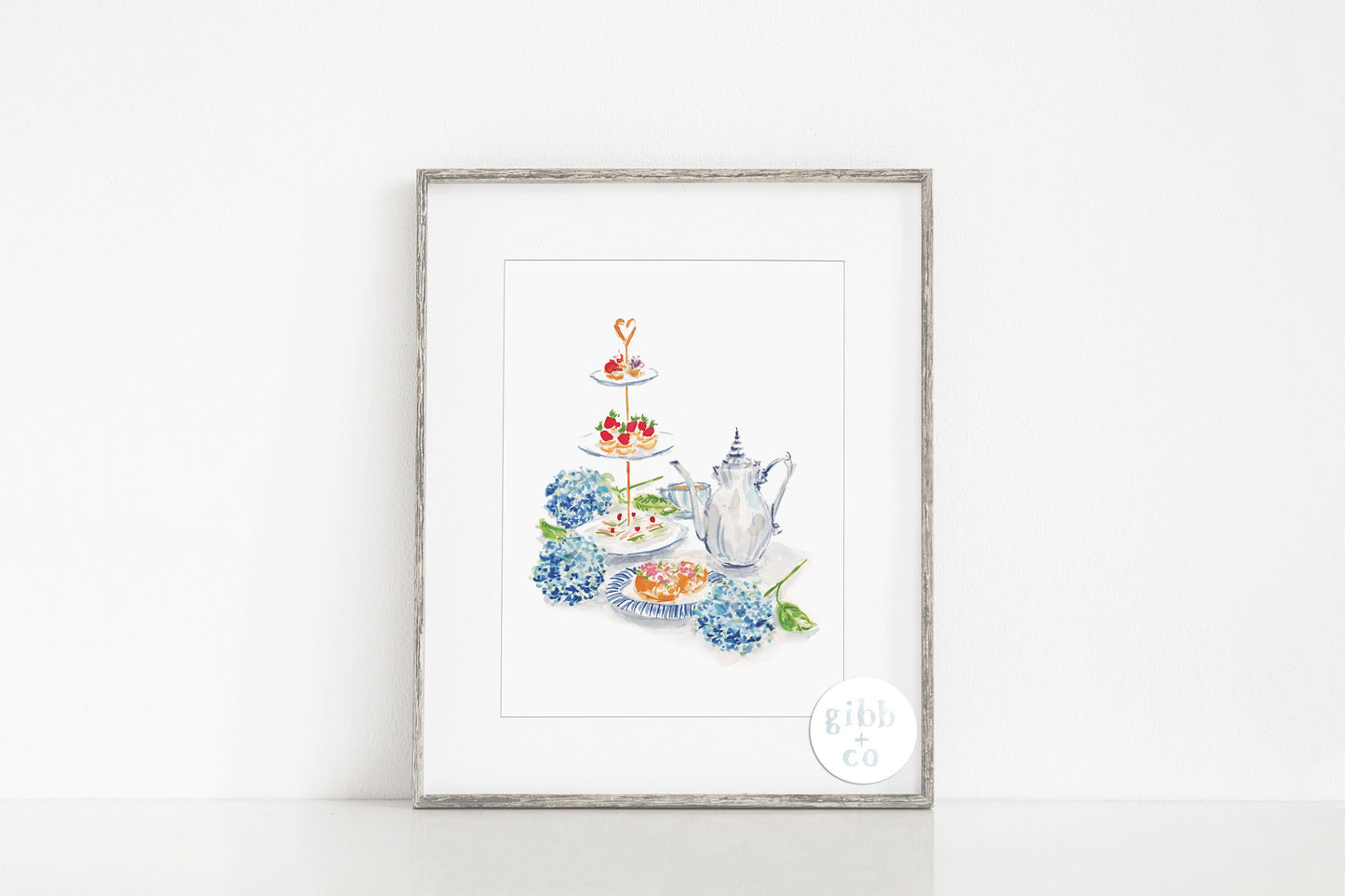 Blue Hydrangeas tea art print, afternoon tea, Hydrangea lover art print, floral art print, garden art print