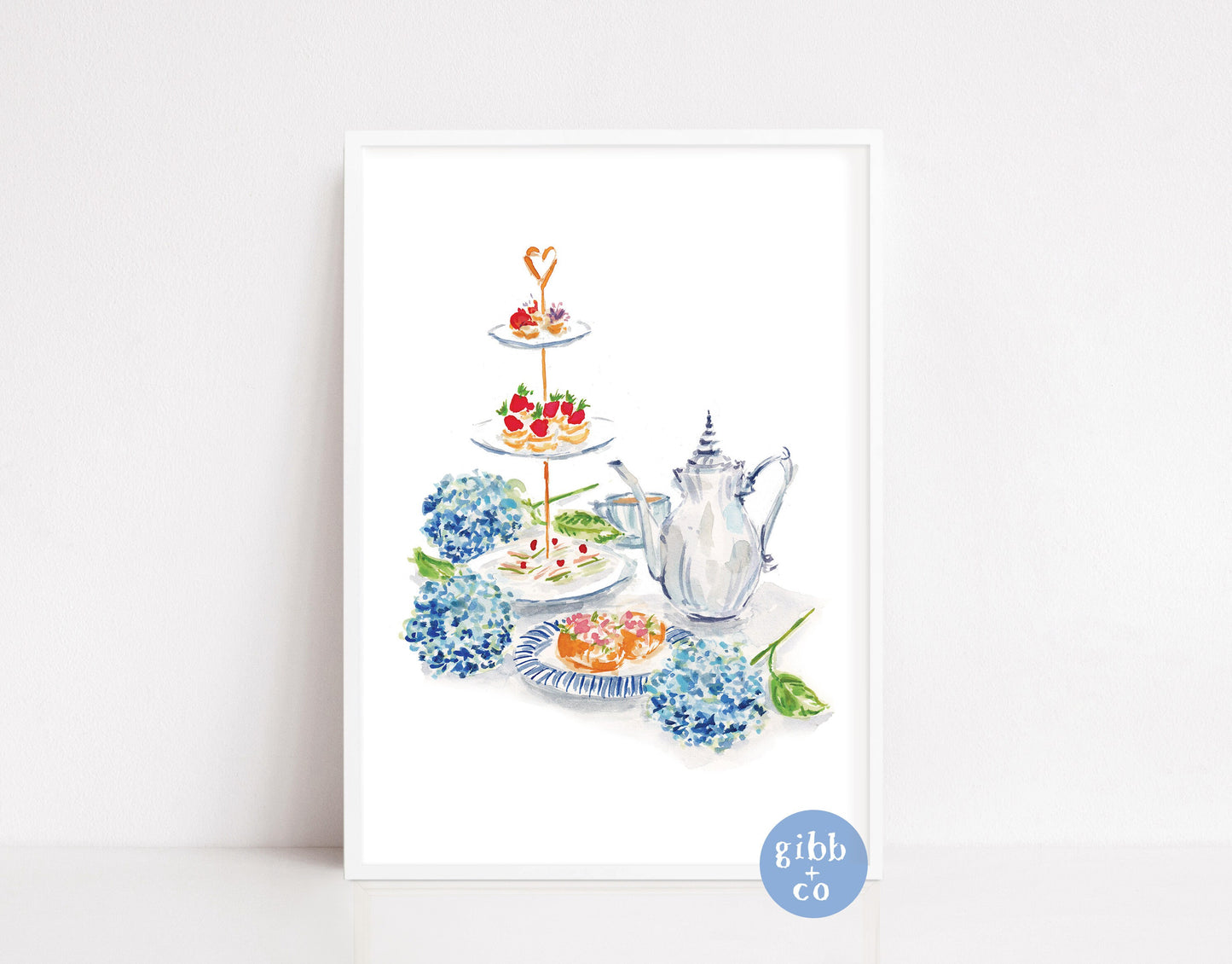 Blue Hydrangeas tea art print, afternoon tea, Hydrangea lover art print, floral art print, garden art print