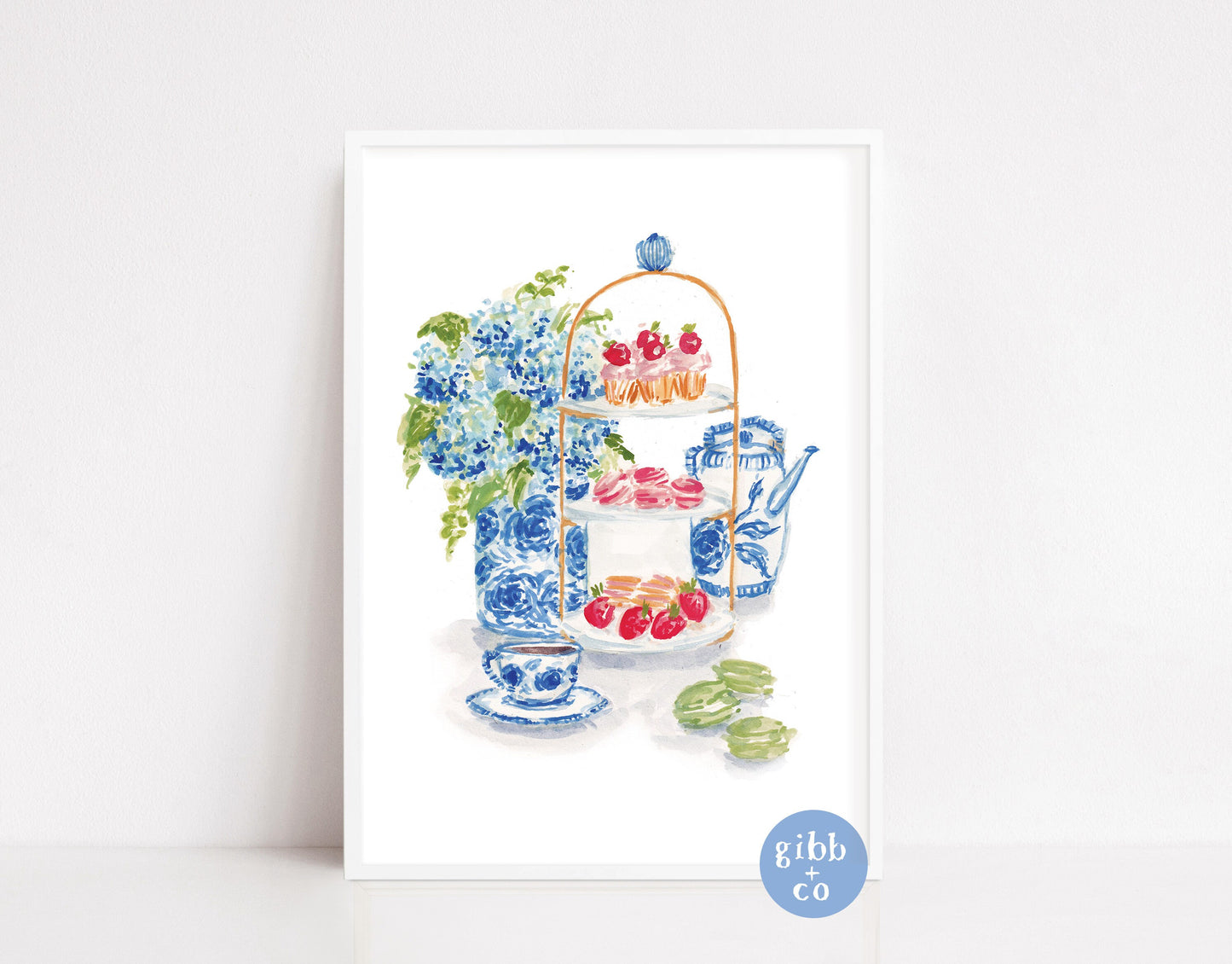 Blue Hydrangeas tea art print, afternoon tea, Hydrangea lover art print, floral art print, garden art print