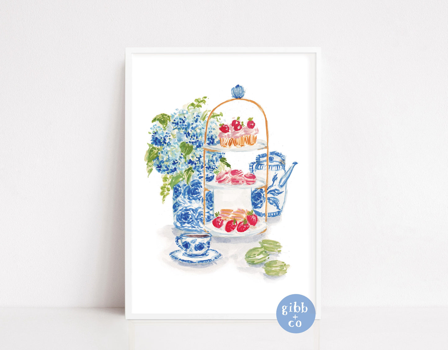 Blue Hydrangeas tea art print, afternoon tea, Hydrangea lover art print, floral art print, garden art print