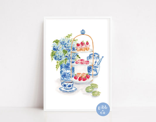 Blue Hydrangeas tea art print, afternoon tea, Hydrangea lover art print, floral art print, garden art print