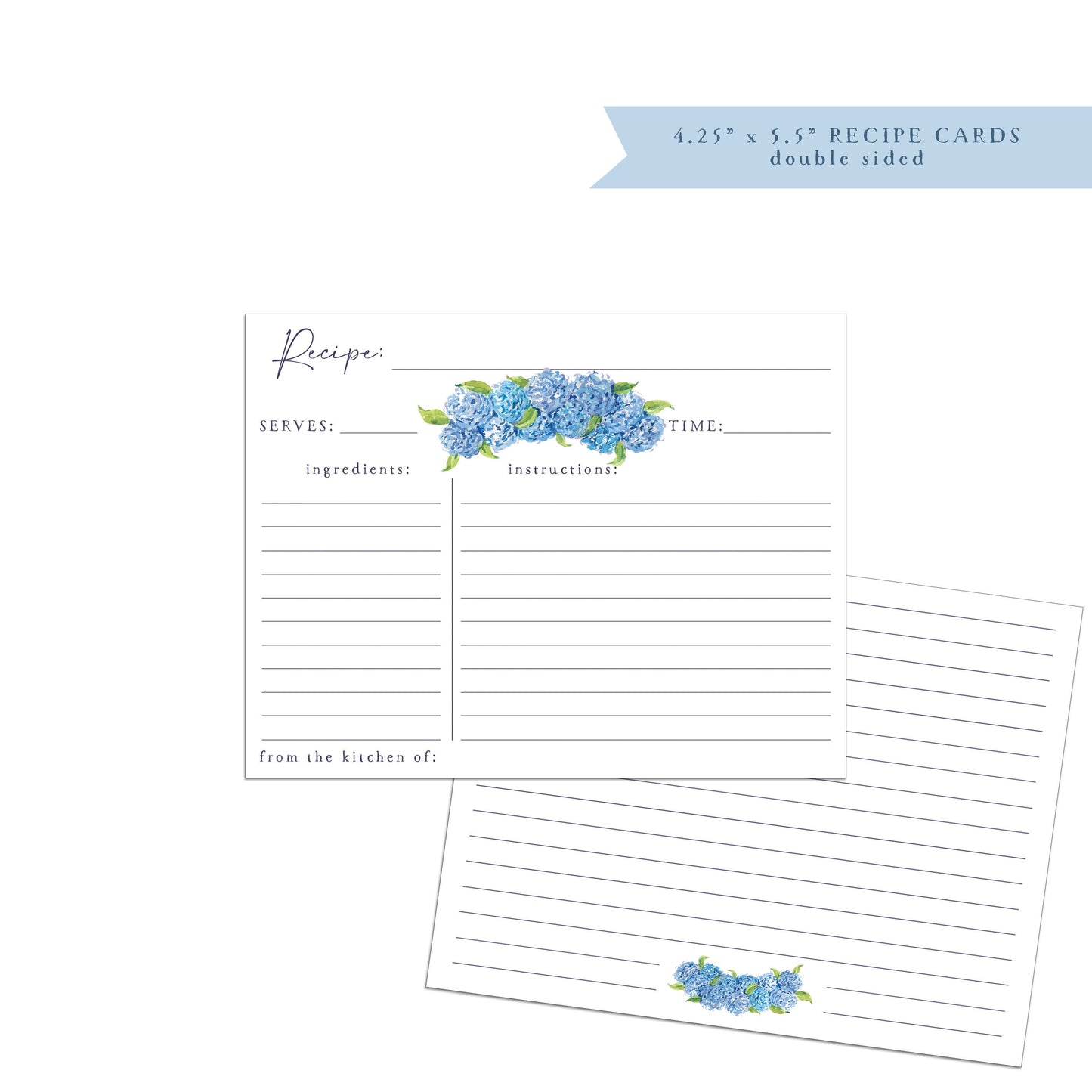 Hydrangea Recipe card, set of 15, gift for cook, gift for baker, from the kitchen of, A2, gift for cooks, gift for her, hydrangeas