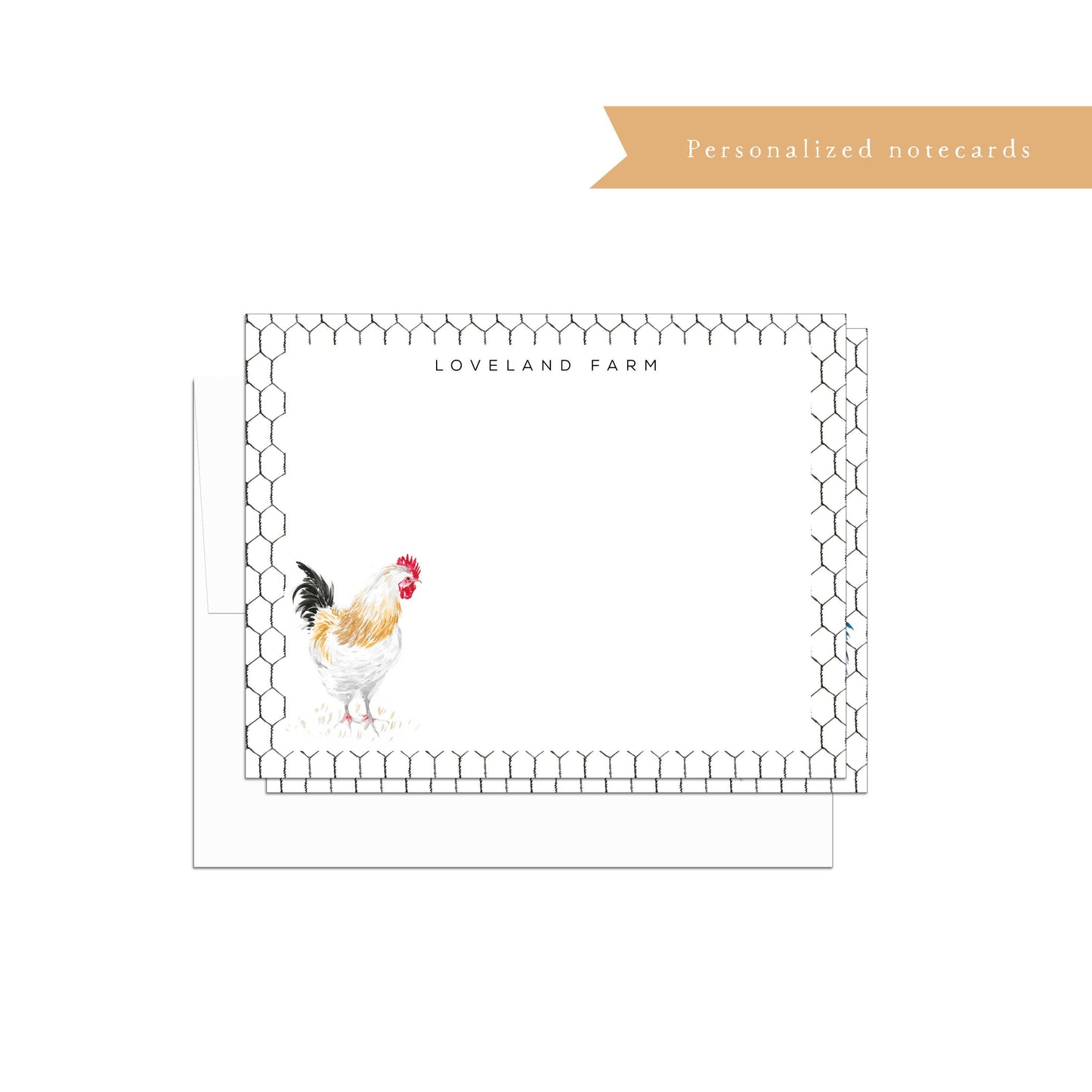 Personalized chicken notecards, stationery, farm, farm fresh, chicken, watercolor, printed art, gift for, feminine, illustration, flat card