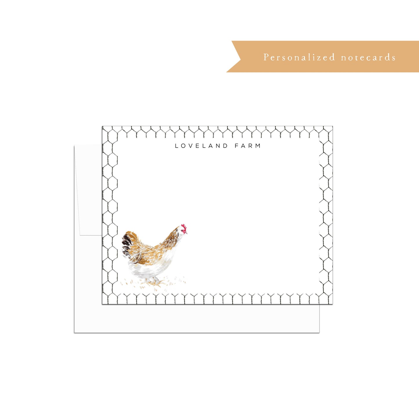 Personalized chicken notecards, stationery, farm, farm fresh, chicken, watercolor, printed art, gift for, feminine, illustration, flat card