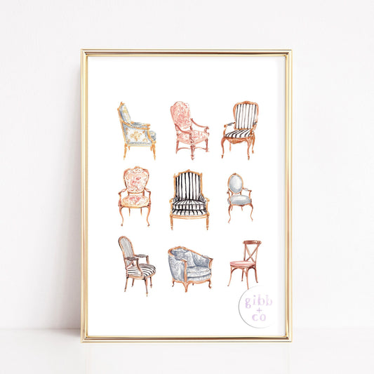 French Classic Chairs art print, interior design decor, interior design art print