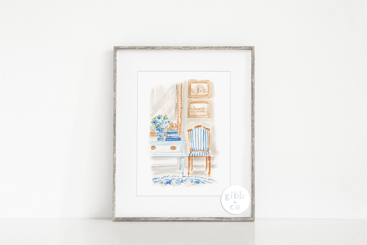 Blue Hydrangeas at Entry art print, stacked books, interior art,  book lover, floral art print, garden art print, interior design art print, book art print