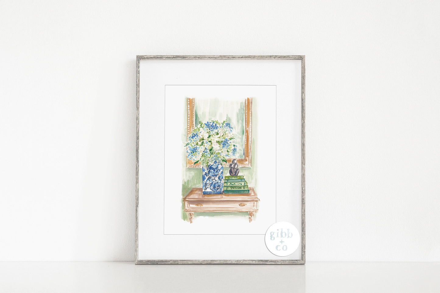 Blue Hydrangeas at Entry art print, stacked books, interior art,  book lover, floral art print, garden art print, interior design art print, book art print