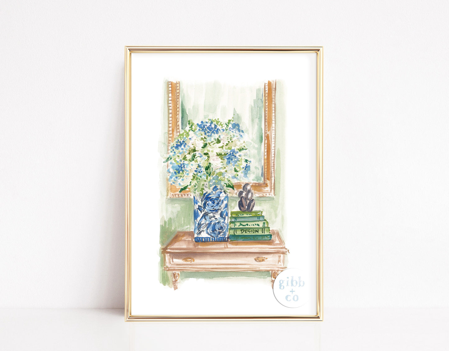 Blue Hydrangeas at Entry art print, stacked books, interior art,  book lover, floral art print, garden art print, interior design art print, book art print