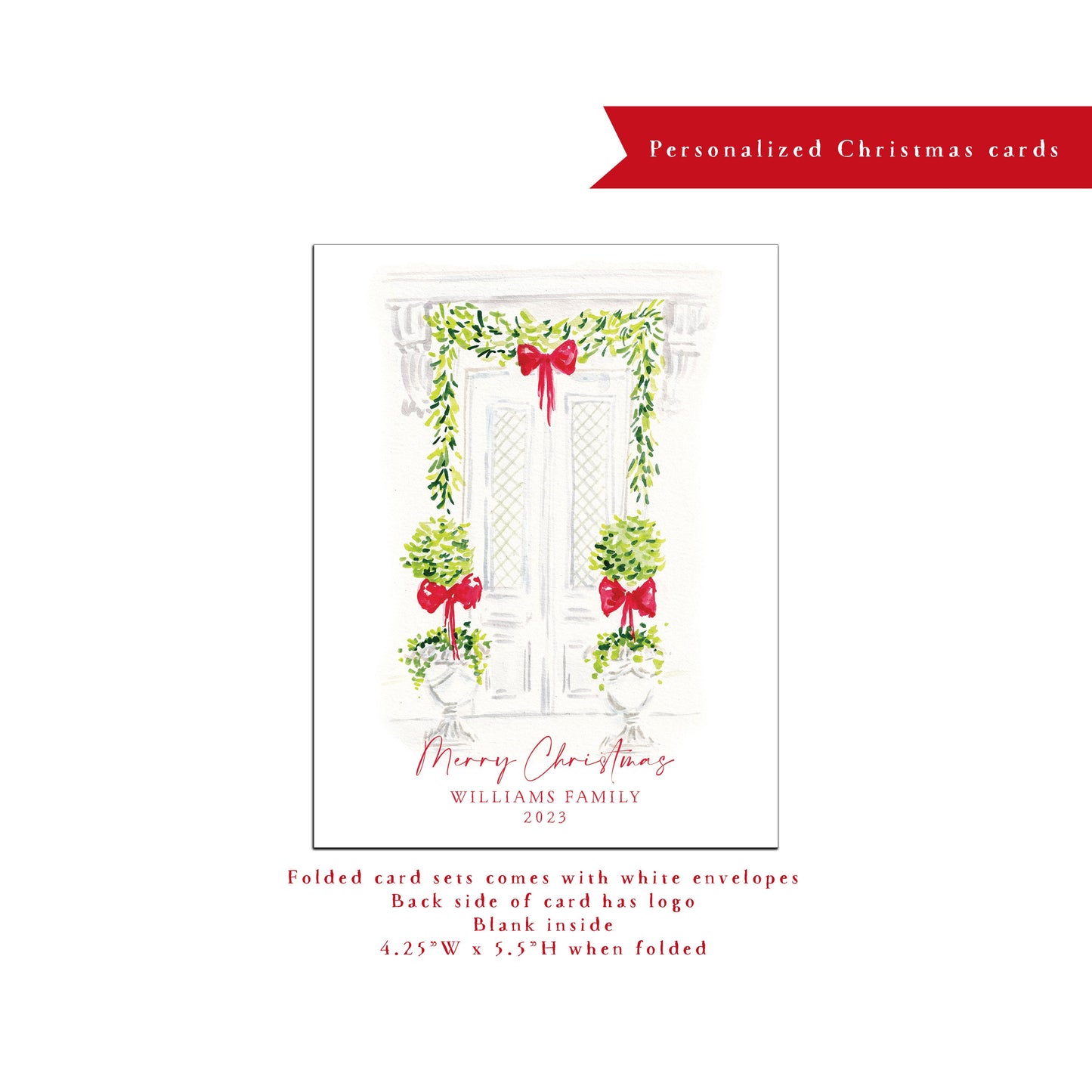 Personalized Christmas card, personalized holiday card, holiday door, red, wreath, watercolor, design, small business Holiday card, card set