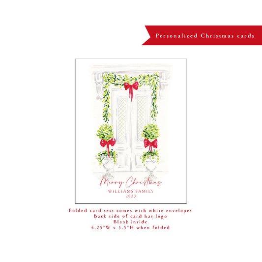 Personalized Christmas card, personalized holiday card, holiday door, red, wreath, watercolor, design, small business Holiday card, card set