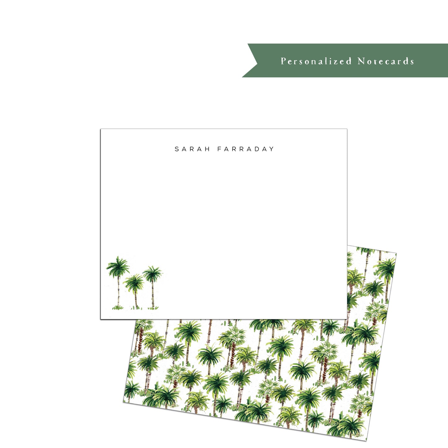 Palm tree personalized notecards, green, tropical, white, gift for writer, personalized stationery, gift for teacher, Amalfi palm trees